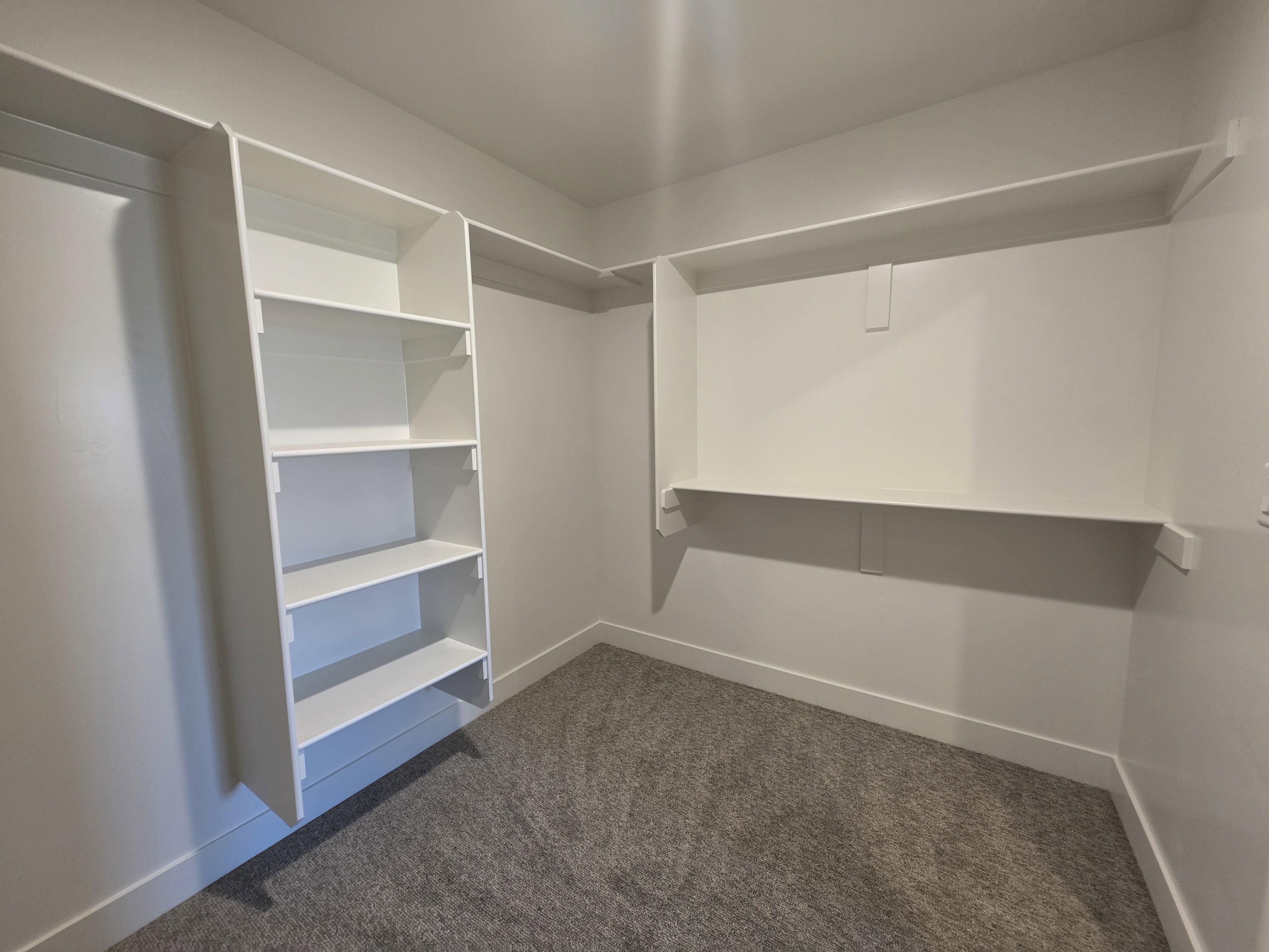 Walk in closet featuring dark carpet