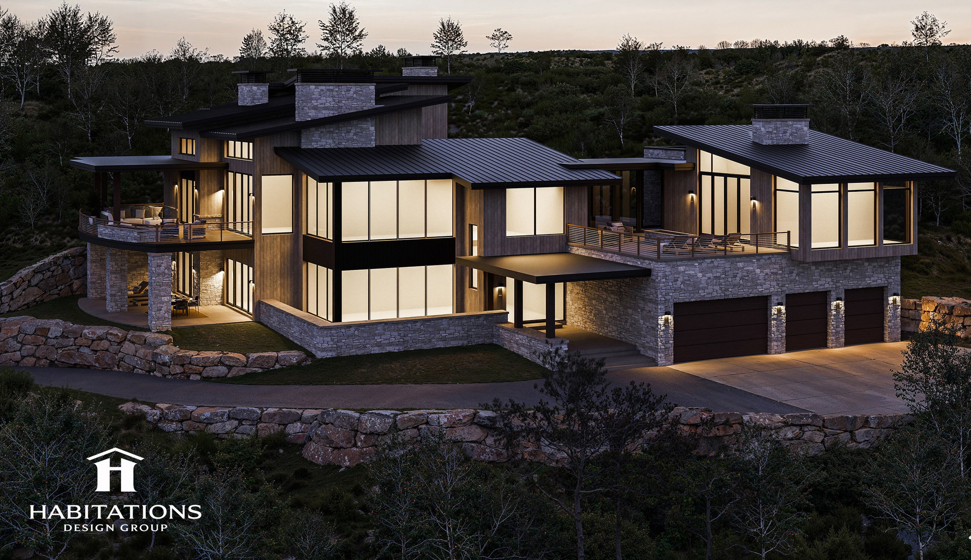 View of front facade with a chimney, an attached garage, stone siding, driveway, and a balcony