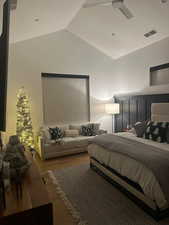 Bedroom featuring wood finished floors and a ceiling fan