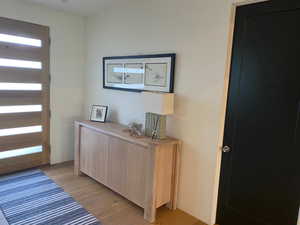 Foyer entrance with light wood-style flooring