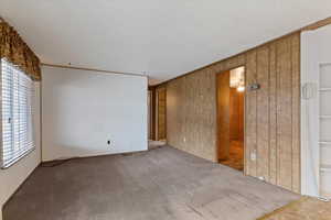 Carpeted spare room featuring wood walls