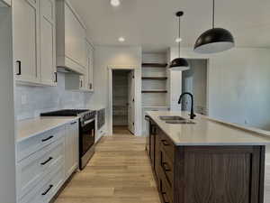 Kitchen featuring stainless steel appliances, light stone countertops, light wood-style floors, decorative backsplash, and an island with sink