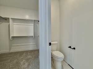 Bathroom with a spacious closet and light carpet