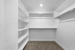 Walk in closet with dark colored carpet