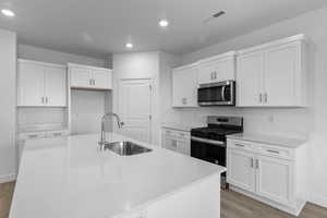 Kitchen featuring stainless steel appliances, white cabinetry, light wood-type flooring, and recessed lighting
