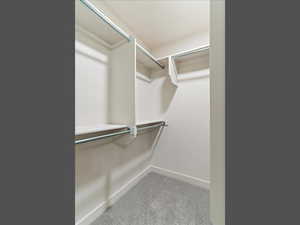 Walk in closet with light carpet