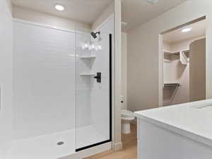 Full bathroom featuring vanity, a walk in closet, a shower stall, light wood finished floors, and recessed lighting