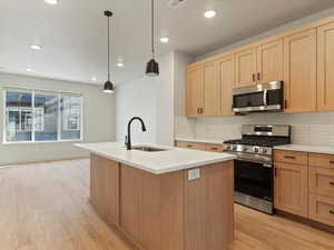 Kitchen featuring stainless steel appliances, an island with sink, hanging light fixtures, light wood-type flooring, and decorative backsplash