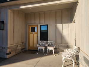 Entrance to ADU property with board and batten siding