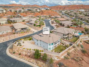 Aerial view of residential area with mountains
