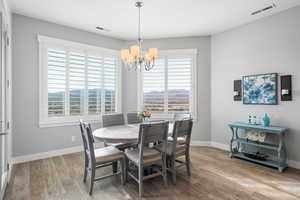 Dining space featuring light wood finished floors and hanging lights
