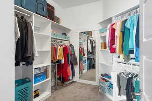 Walk in closet with light colored carpet