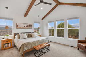 Primary Bedroom featuring carpet, a ceiling fan, multiple windows, and recessed lighting