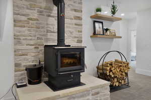 Detailed view of wood stove down stairs