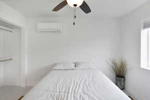 Casita Bedroom with a mini split for heating / cooling and ceiling fan
