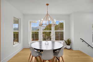 Dining area featuring light wood-style flooring and a chandelier