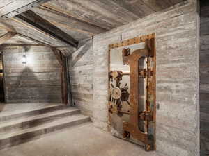 Basement featuring wood walls