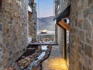 Detailed view of a mountain backdrop and stone siding