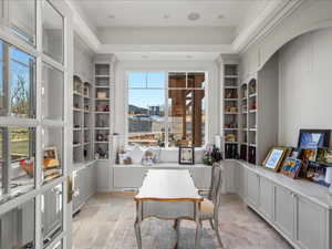 Office area with built in shelves