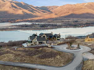 Aerial view of a water and mountain view