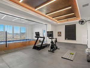 Exercise room with wood ceiling and a mountain view