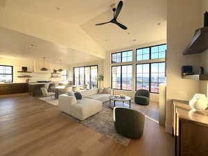 Living room featuring wood finished floors, a ceiling fan, and vaulted ceiling