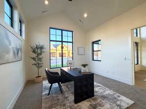 Office featuring carpet flooring and lofted ceiling