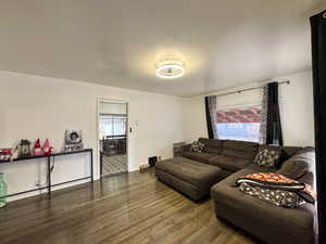 Living area featuring dark wood-style floors