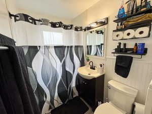 Full bathroom with curtained shower, vanity, and a wainscoted wall