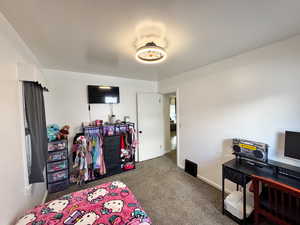 Bedroom with carpet floors and an office area