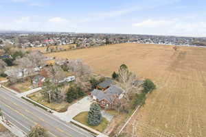 Aerial view of sparsely populated area with nearby suburban area