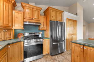Kitchen with stainless steel appliances, wood finish cabinetry, and dark stone counters