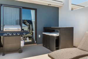 View of carpeted home office