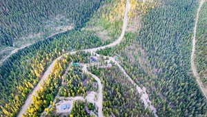 Aerial overview of property's location with a heavily wooded area and property boundaries highlighted