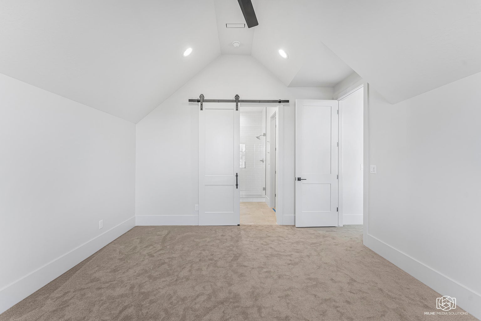 Additional living space with a barn door and light carpet