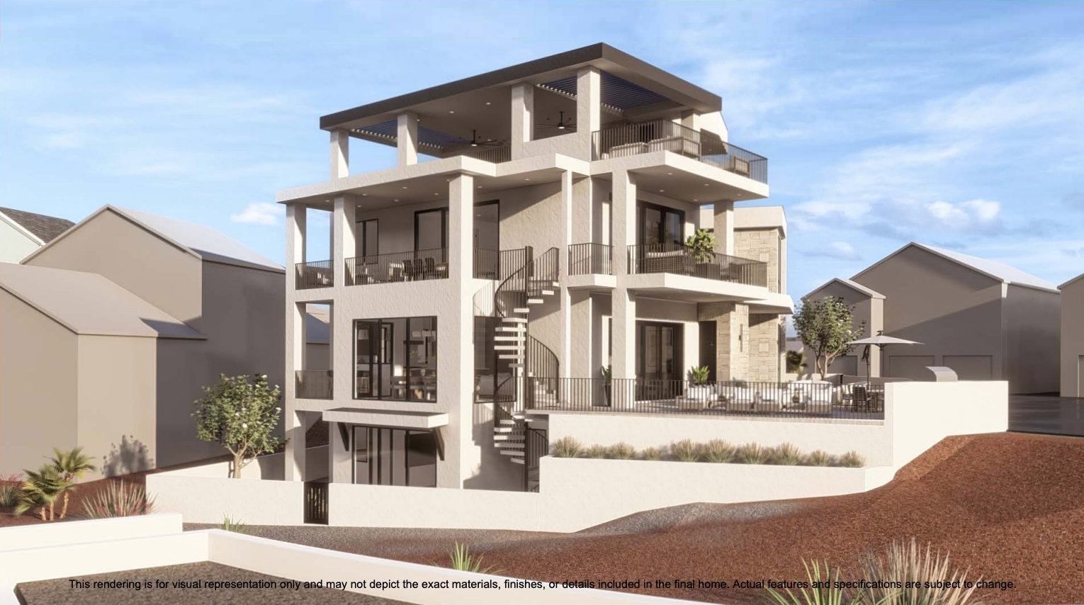 View of building exterior with stairs and a fenced front yard