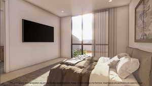 Bedroom featuring carpet flooring, recessed lighting, and ensuite bathroom