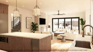 Living room with light wood finished floors, ceiling fan, and recessed lighting