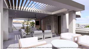 View of patio / terrace with an outdoor living space, a ceiling fan, and a pergola