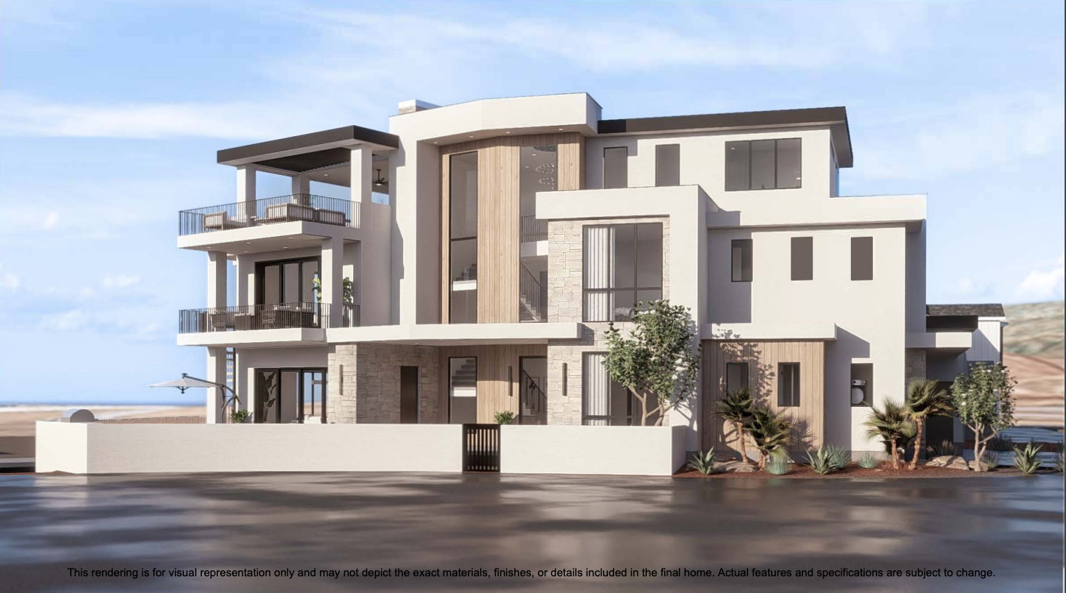 View of front of house with stone siding, a gate, a fenced front yard, stucco siding, and a balcony