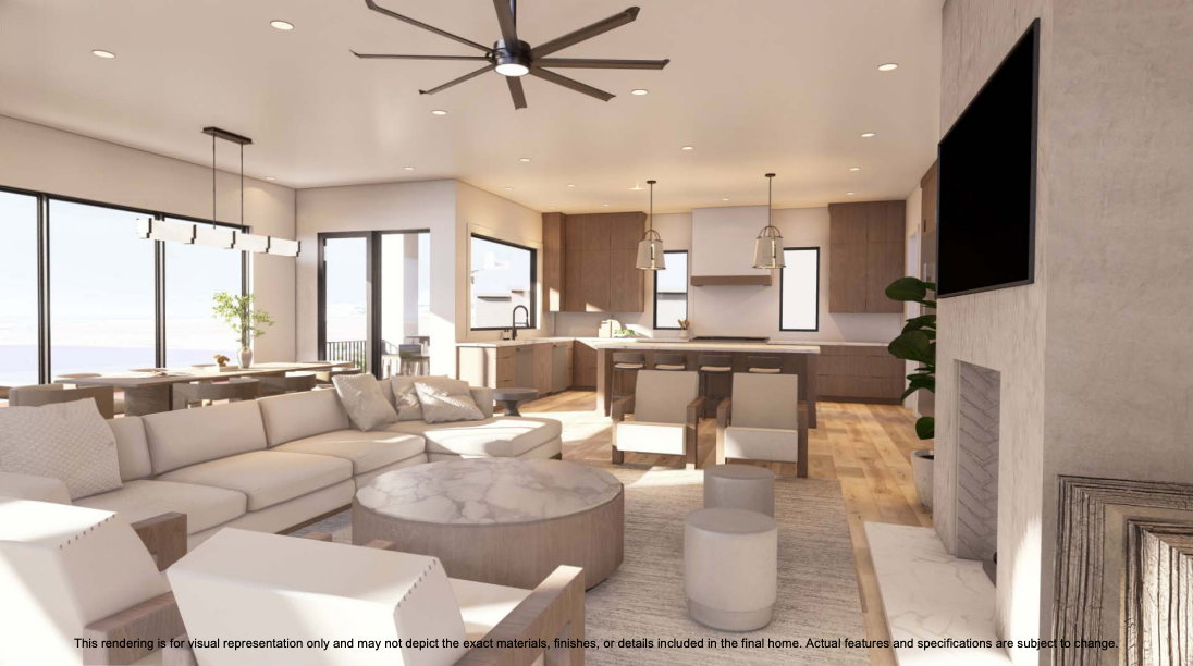 Living room featuring light wood-type flooring, recessed lighting, and ceiling fan