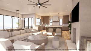 Living room featuring light wood-type flooring, recessed lighting, and ceiling fan