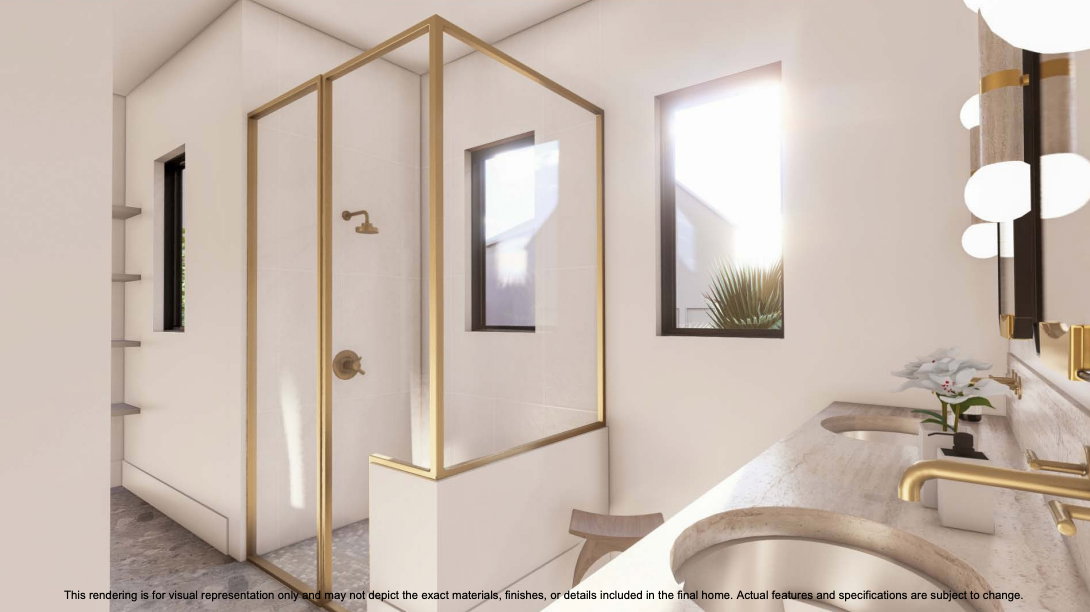Bathroom with a stall shower and double vanity