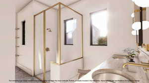 Bathroom with a stall shower and double vanity