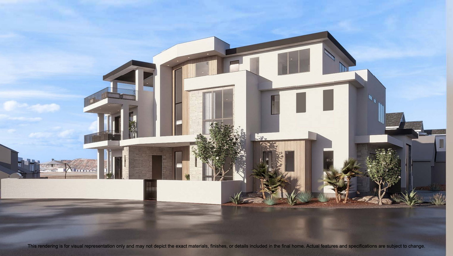 View of front of property featuring stone siding, a fenced front yard, stucco siding, and a balcony