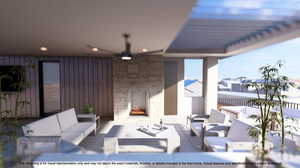 View of patio / terrace with an outdoor living space with a fireplace and a ceiling fan