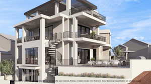 Back of house featuring stucco siding, a balcony, a fenced front yard, and stone siding