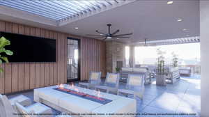 View of patio with an outdoor living space with a fire pit, a ceiling fan, and a pergola