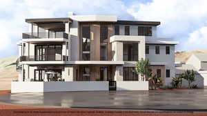 Modern home with a fenced front yard, a balcony, and a gate