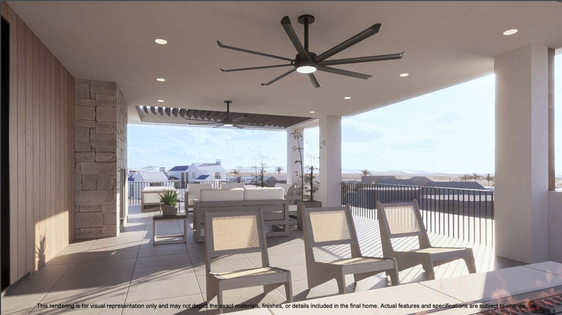 View of patio with a ceiling fan and an outdoor living space